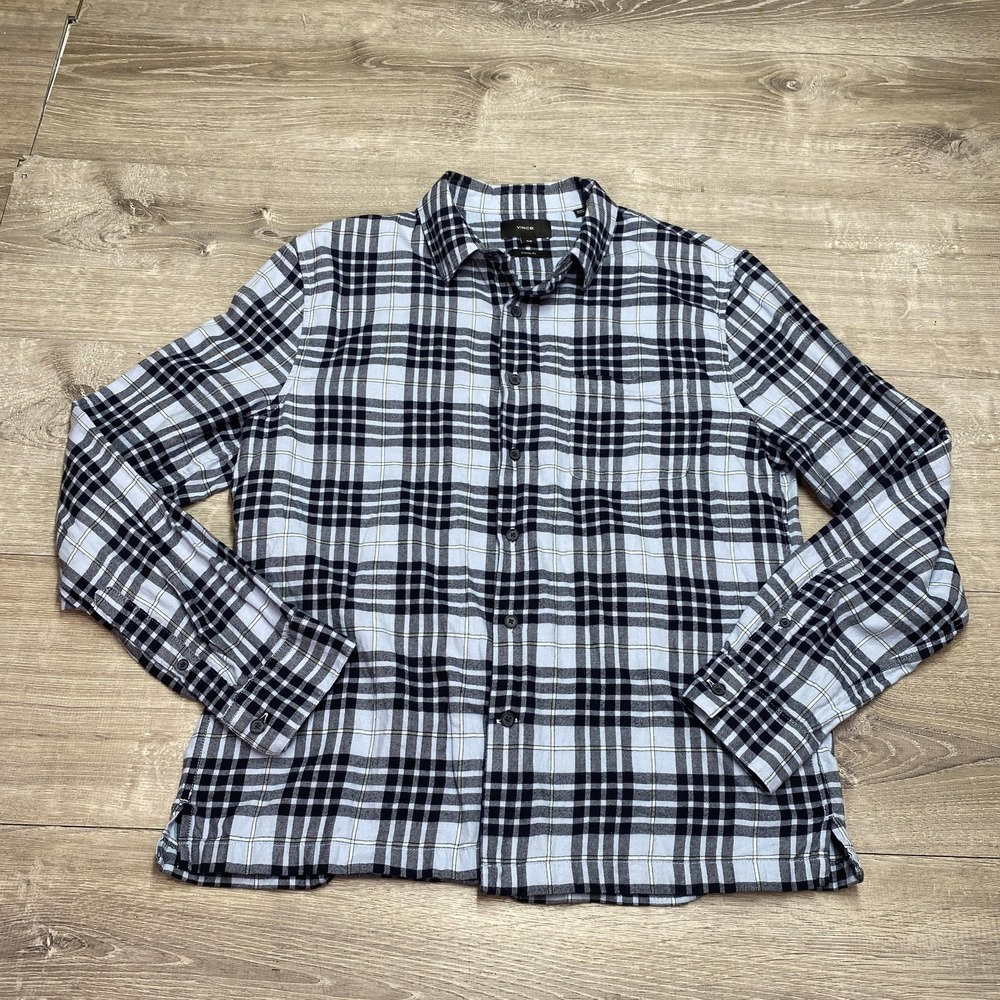 Vince Shirt Mens Medium Blue Plaid Flannel Long Sleeve Button Front Classic Fit